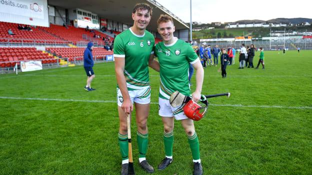 Ireland players Peter Duggan, left, Thomas Monaghan after their side's victory in the 2023 Hurling Shinty International Game between Ireland and Scotland at Páirc Esler in Newry, Down. Photo by Piaras Ó Mídheach/Sportsfile