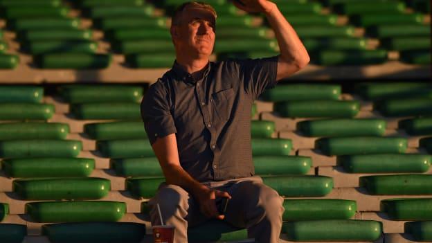 John Kiely watching a group game in the Limerick SHC between Patrickswell and Doon at the LIT Gaelic Grounds.