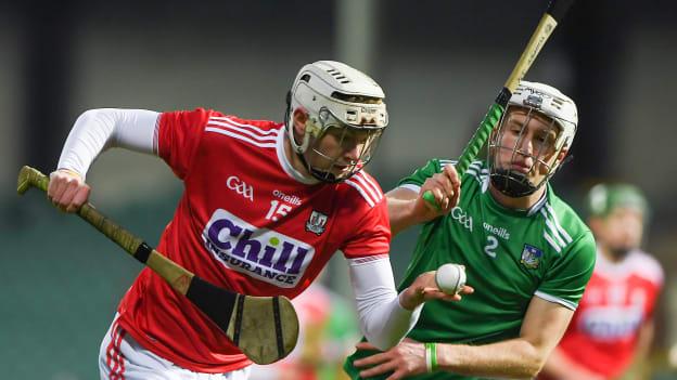 Shane Barrett of Cork in action against Jimmy Quilty of Limerick during the Bord Gáis Energy Munster GAA Hurling U20 Championship Semi-Final match between Limerick and Cork at LIT Gaelic Grounds in Limerick. 