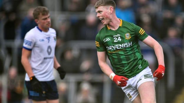 Mathew Costello of Meath celebrates after scoring his side's third goal during the Leinster GAA Football Senior Championship Quarter-Final match between Meath and Wicklow at Páirc Tailteann in Navan, Meath. 