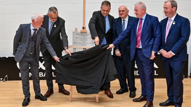 In attendance during the official opening ceremony of the National Handball & Croke Park Community Centre at Sackville Avenue in Dublin are, from left, Community Director Malachy Steenson, Uachtarán Chumann Lúthchleas Gael Larry McCarthy, Minister of State for Department of Tourism, Culture, Arts, Gaeltacht, Sport and Media, Thomas Byrne TD, Former Taoiseach Bertie Ahern, Chairperson of the National Handball and Croke Park Community Centre Pat Leahy and GAA Handball President Conor McDonnell. Photo by Sam Barnes/Sportsfile.