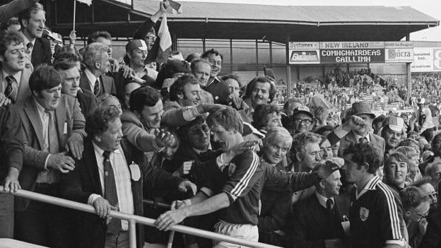 Noel Lane, left, and Steve Mahon of Galway makes his way up the steps of the Hogan Stand after the All Ireland Hurling Final, Galway v Limerick, Croke Park, Dublin. 