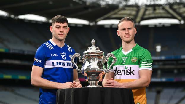 Mark Barry of Laois, left, and Declan Hogan of Offaly during the Tailteann Cup launch at Croke Park in Dublin. Photo by David Fitzgerald/Sportsfile.