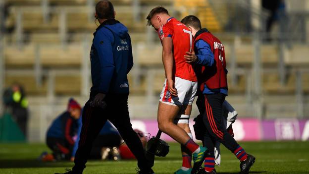 Fintan Burke of St Thomas' leaves the field injured during the 2019 AIB GAA Hurling All-Ireland Senior Club Championship Final match between Ballyhale Shamrocks and St Thomas' at Croke Park in Dublin. 