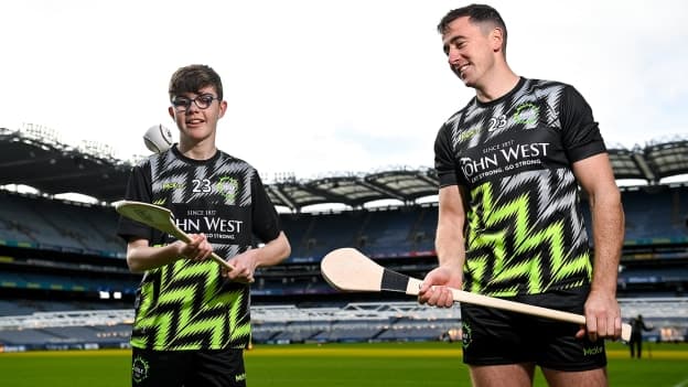 Killian O’Neill of Whitehall Colmcille with John West Féile 2023 Ambassador and Hurler of the Year Diarmaid Byrnes of Limerick at Croke Park. Eighty club sides, including a team from New York, will compete in the John West Féile na nGael National Camogie and Hurling Finals 2023 across seven venues in Connacht on Saturday, June 24. Throughout its eight-year sponsorship of Féile, John West has focused on the importance of natural nutrition in fuelling young athletes, whilst encouraging children to participate in Gaelic games. Pic: David Fitzgerald/Sportsfile.