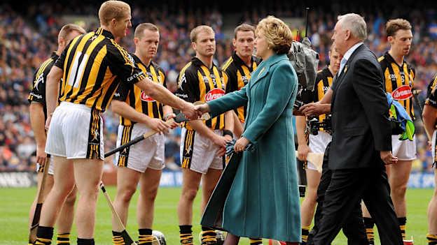 Former President of Ireland Mary McAleese meets the Kilkenny team before the 2009 All-Ireland SHC final at Croke Park.