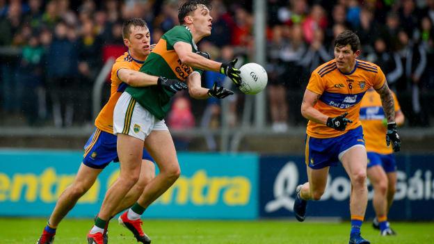 David Clifford, Kerry, and Cillian Brennan, Clare, in Munster Senior Football Championship action at Cusack Park.