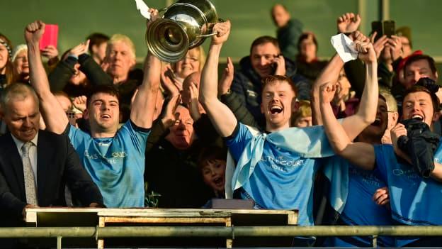 Joint Westport captains Oisin McLaughlin and Niall McManamon lift the cup after the Mayo County Senior Football Championship Final match between Ballina Stephenites and Westport at Hastings Insurance MacHale Park in Castlebar, Mayo.