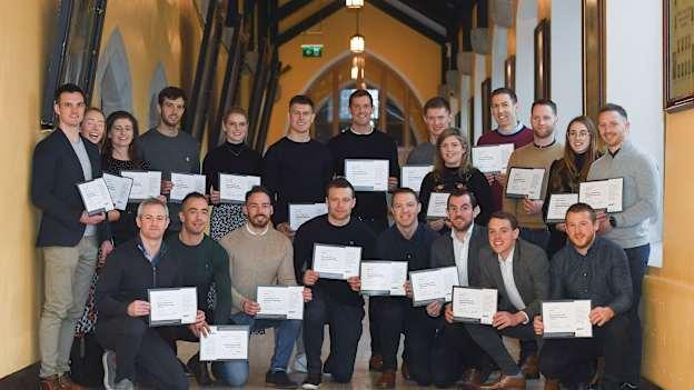 Attendees, back row, from left to right, Eoin Doyle of Kildare, Maria Kinsella of Carlow, Fiona Keating of Westmeath, Jamie O'Sullivan of Cork, Niamh Mulcahy of Limerick, James Madden of Dublin, Seamus Callanan of Tiperrary, John Meagher of Tipperary, Laurie Ryan of Clare, Gary Brennan of Clare, Paddy Stapleton of Tipperary, Caoimhe Keoghan of Kildare and Paul Callinhane of Laois. Front row, from left to right, Ciaran Deely of Wexford/London, Nial Ewing of Sligo, Niall Kilroy of Roscommon, Paul Kileen of Galway, John Gaffey of Westmeath, James Clancy of Leitrim, Cillian Egan of Roscommon and Sean Ryan of Offaly in attendance at the Jim Madden GPA Leadership Programme Graduation for 2019 at NUI Maynooth in Maynooth, Co Kildare.