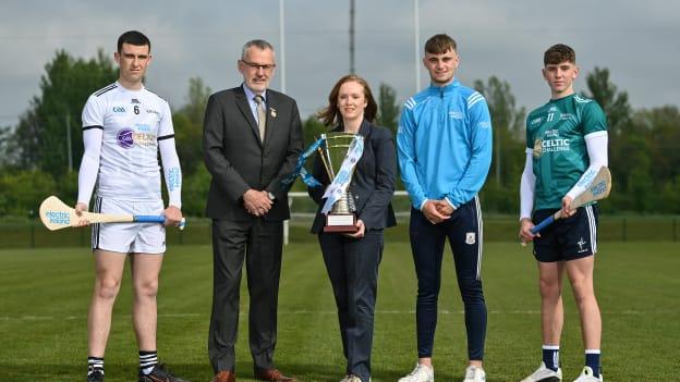 Uachtarán CLG Larry McCarthy, Sarah Sharkey of Electric Ireland and Tiernan Killeen of Galway pictured with Noah Farrell and Daniel Hever of Kildare at this afternoon's launch of the 2022 Electric Ireland Celtic Challenge. 