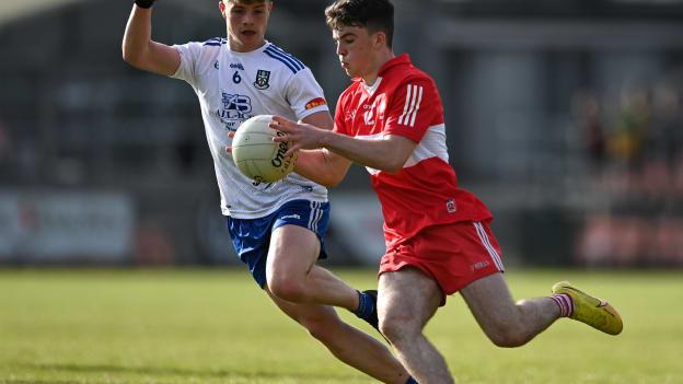 Johnny McGuckian, Derry, and Tommy Mallen, Monaghan, in action during the Electric Ireland Ulster MFC Final in May. Photo by Stephen Marken/Sportsfile