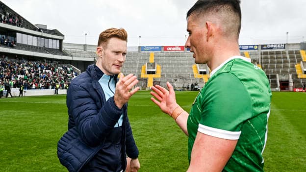 William O'Donoghue, left, and Limerick teammate Gearoid Hegarty after the Allianz Hurling League Final match between Kilkenny and Limerick at Páirc Ui Chaoimh in Cork. Photo by Eóin Noonan/Sportsfile.