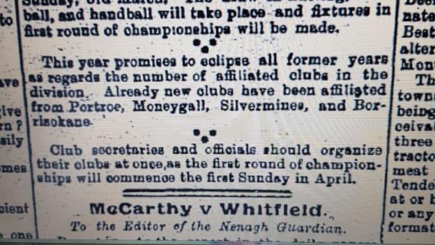 A section of the Nenagh Guardian newspaper from February 1912. 