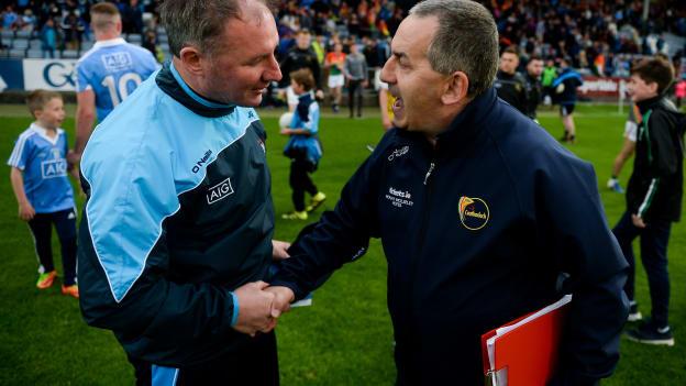 Jim Gavin shakes hands with Turlough O'Brien following the 2017 Leinster SFC Quarter-Final clash between Dublin and Carlow. Photo by Daire Brennan/Sportsfile