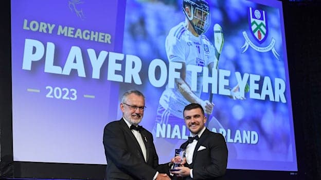 Niall Garland receiving his Lory Meagher Cup Player of the Year Award from GAA President Larry McCarthy. Photo by Matt Browne/Sportsfile
