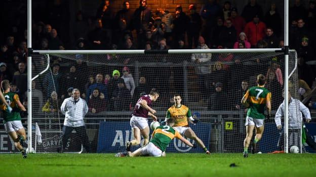 Shane Walsh of Galway shoots to score his side's second goal past Kerry goalkeeper Shane Ryan during the 2020 Allianz Football League Division 1 Round 2 match between Kerry and Galway at Austin Stack Park in Tralee, Kerry. 