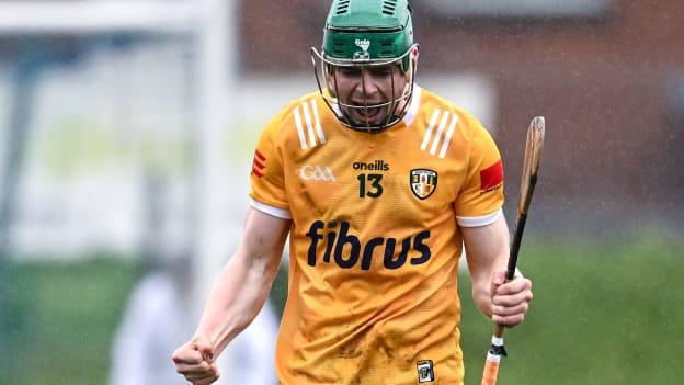 Antrim's Conal Cunning celebrates at Corrigan Park. Photo by Ramsey Cardy/Sportsfile