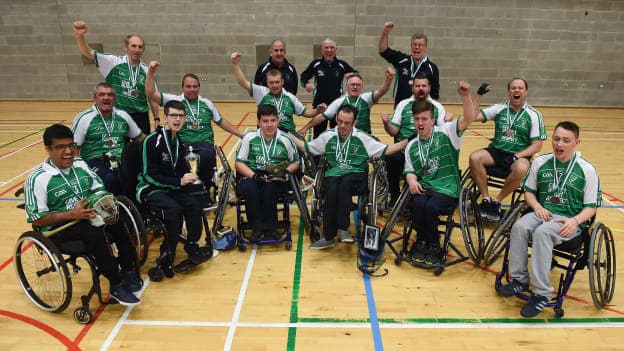 Leinster players and coaches celebrate following their side's victory during the the 2017 M. Donnelly GAA Wheelchair Hurling All-Ireland Final, against Ulster, at Knocknarea Arena, I.T Sligo in Sligo. 