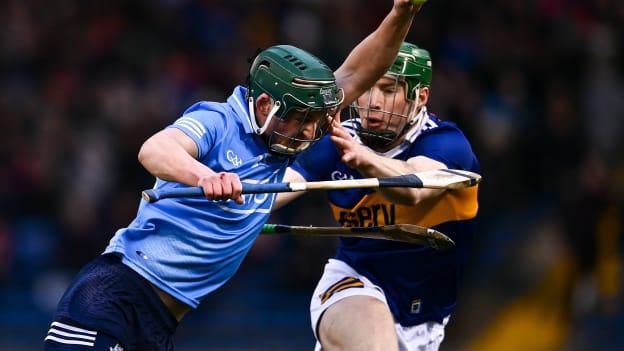 Aidan Mellett, Dublin, and Brian McGrath, Tipperary, in Allianz Hurling League action.