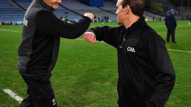 Referee David Coldrick and Mayo manager James Horan greet each other before the 2020 GAA Football All-Ireland Senior Championship Final match between Dublin and Mayo at Croke Park in Dublin. 