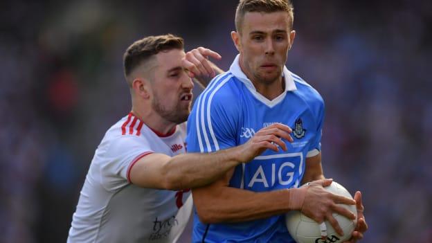 Paul Mannion of Dublin in action against Niall Sludden of Tyrone during the GAA Football All-Ireland Senior Championship Final match between Dublin and Tyrone at Croke Park in Dublin.