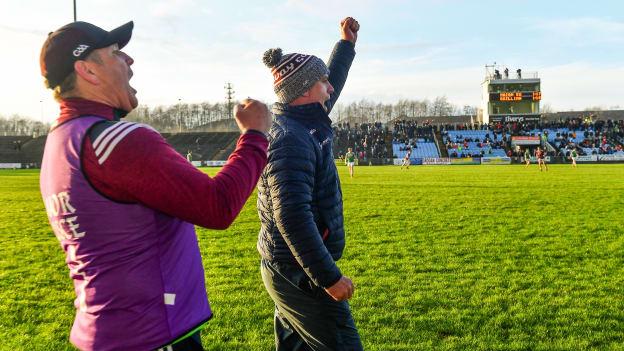 Galway manager Padraic Joyce celebrates following Liam Costello's last gasp equaliser against Mayo in the Connacht FBD League at Elverys MacHale Park.