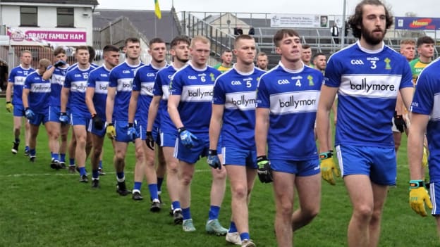 The Ballymore Eustace footballers parade before last weekend's draw Kildare Intermediate Football Final against Kilcock. 