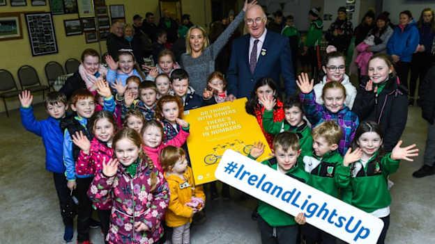 GAA President, John Horan, and Operation Transformation host, Kathryn Thomas, pictured at the 2020 Ireland Lights Up launch at the Coolderry Healthy GAA Club in Offaly. 