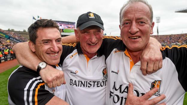 Kilkenny manager Brian Cody celebrates with his selectors Derek Lyng, left, and Michael Dempsey, right, after victory over Galway in the 2015 All-Ireland SHC Final. Picture credit: Stephen McCarthy/SPORTSFILE.