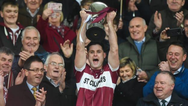 Mullinalaghta St Columba's captain Shane Mulligan lifts the cup after victory over Kilmacud Crokes in the AIB Leinster GAA Football Senior Club Championship Final. 