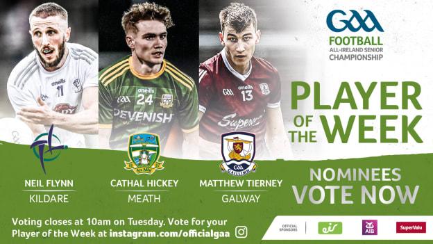 Kildare’s Neil Flynn, Meath’s Cathal Hickey, and Galway’s Matthew Tierney are the three nominees for this week’s GAA.ie Footballer of the Week.