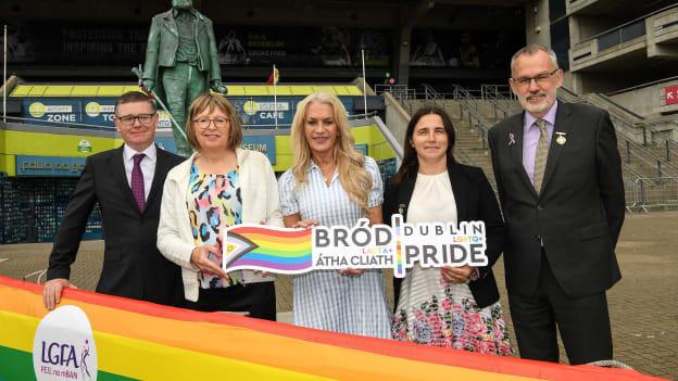 Ard Stiúrthóir of the GAA Tom Ryan, Dublin Pride Chairperson and Director Philippa Ryder and Grand Marshal for the Parade Rachel McCoy, Diversity and Inclusion officer Ger McTavish, and GAA President Larry McCarthy.
