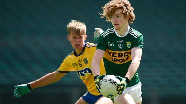 Paul Walsh of Kerry in action against Colin Walsh of Roscommon during the Electric Ireland GAA Football All-Ireland Minor Championship Quarter-Final match.