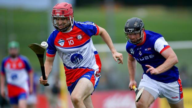 David Lewis of New York GAA in action against Liam Callejas of NCGAA, USA, in their Hurling Native Born tournament game during the Renault GAA World Games 2019