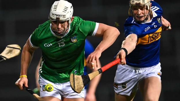 Aaron Gillane, Limerick, and Bryan O'Mara, Tipperary, in Allianz Hurling League action at TUS Gaelic Grounds. Photo by Piaras Ó Mídheach/Sportsfile