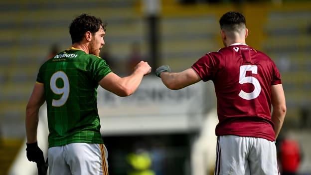 Padraic Harnan, Meath, and James Dolan, Westmeath, following the Allianz Football League Division Two North clash at Pairc Tailteann.