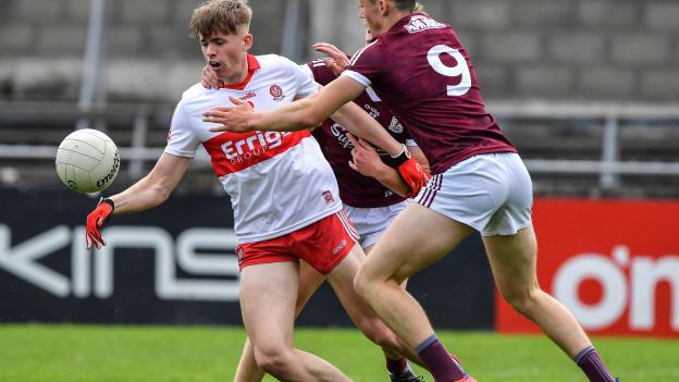Ruarí Forbes, Derry, and Shay McGlinchey, Galway, in action at Parnell Park. 