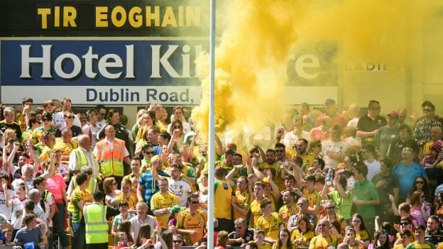Donegal and Tyrone supporters pictured at the 2016 Ulster SFC Final in St. Tiernach's Park, Clones. 