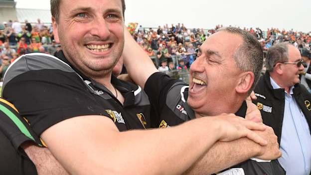 Carlow coach Steven Poacher (l) celebrates with Carlow manager, Turlough O'Brien, after victory over Kildare in the Leinster SFC Quarter-Final.