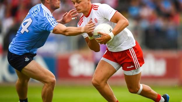 Dublin forward Paul Mannion tackles Tyrone defender Michael McCann in the All-Ireland SFC Phase 2 Quarter-Final. 