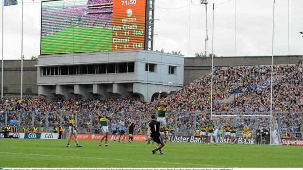 Stephen Cluxton kicks the injury-time free that won Dublin the 2011 All-Ireland SFC Final against Kerry. 