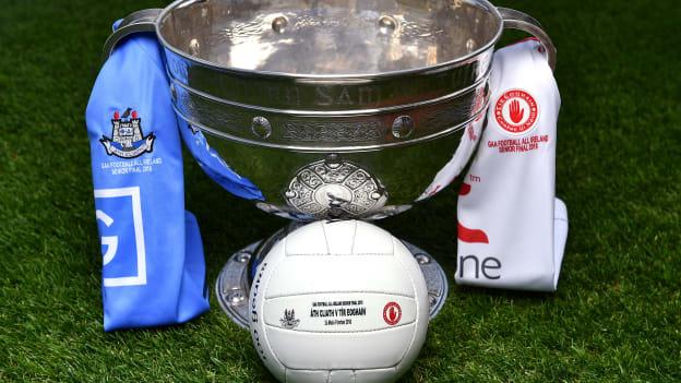 The Sam Maguire Cup pictured this week with the Dublin and Tyrone colours ahead of Sunday's All-Ireland SFC Final.