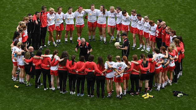 Tyrone manager Gerry Moane speak to his players following defeat to Tipperary in the 2017 TG4 Ladies Football All-Ireland Intermediate Championship Final.