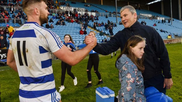 Westport manager James Horan and Aidan O'Shea of Breaffy after the Mayo County Senior Club Football Championship Quarter-Final match between Westport and Breaffy at Elvery's MacHale Park in Mayo.
