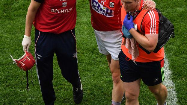 Daniel Kearney limps off the field in the All-Ireland SHC semi-final against Limerick. 