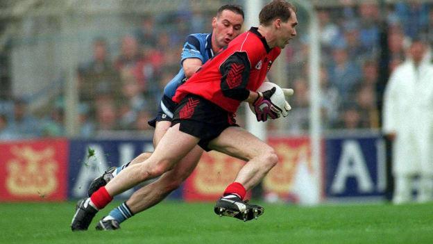 Mickey Linden in action against Dublin's Paul Curran in the 1994 All-Ireland SFC Final. 