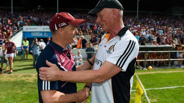 Brian Cody congratulates Micheál Donoghue after the 2018 Leinster SHC Final replay. 