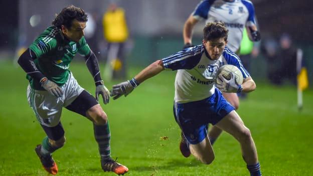 David Garland of Monaghan in action against Eamon McHugh of Fermanagh during the 2018 Bank of Ireland Dr. McKenna Cup.
