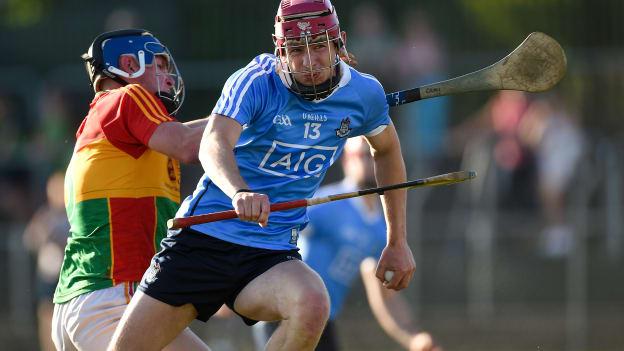 Colin Currie of Dublin in action against Dara Tobin of Carlow during the Bord Gais Energy Leinster Under 21 Hurling Championship 2018 Round 2 match between Carlow and Dublin at Netwatch Cullen Park in Carlow. 