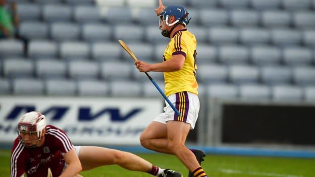 Seamus Casey of Wexford celebrates after scoring his side's first goal during the 2018 Bord Gais Energy Leinster Under 21 Hurling Championship 2018 Final match between Wexford and Galway at O'Moore Park in Portlaoise, Co Laois.